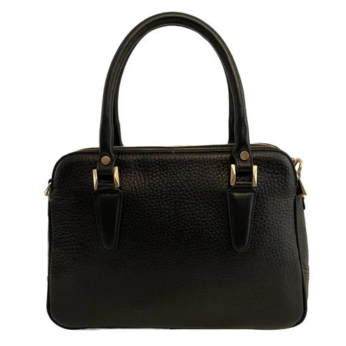 Premium black leather office bag for men and women, professional briefcase with sleek design, durable handle, and spacious compartments for laptop and documents.