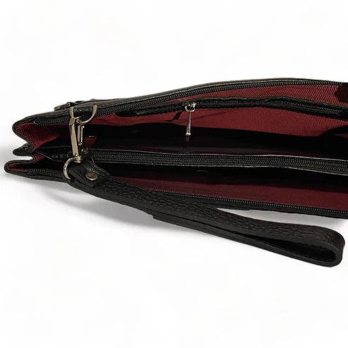 LeatherLuxe black leather wristlet, large unisex shoulder bag with sleek minimalist design and premium craftsmanship