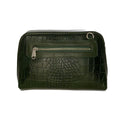 Elegant green crocodile-pattern leather clutch crossbody bag with gold hardware and detachable strap, perfect for evening or casual outings.