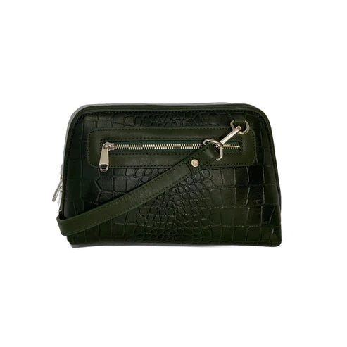 Elegant green crocodile-pattern leather clutch crossbody bag with gold hardware and detachable strap, perfect for evening or casual outings.