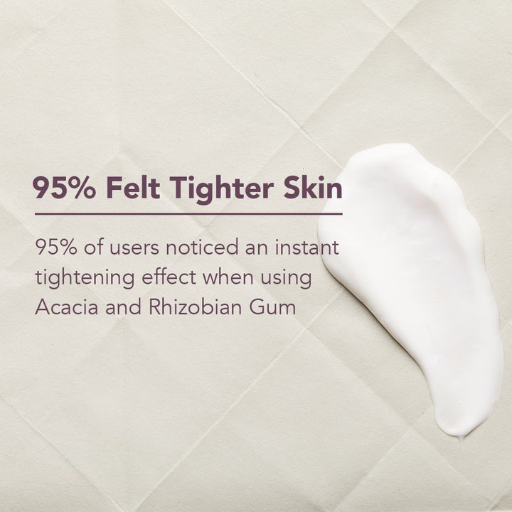 White gel patch on a beige background with text about skin tightening effects.
