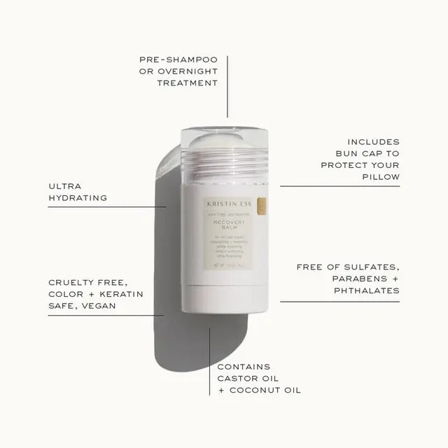 Kristin Ess hair balm packaging with product features listed on a white background