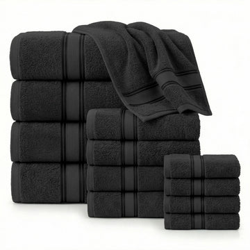 12 Piece 100% Cotton Towel Set 550GSM - Black