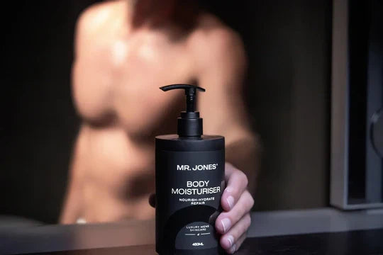 Men’s body moisturiser in sleek packaging, designed for daily hydration and smooth skin nourishment