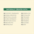 List of natural ingredients not used in a product, displayed on a beige background with a green banner.