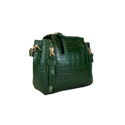 LeatherLuxe green crocodile-style mini handbag made of premium leather, featuring a sleek shoulder and crossbody strap — luxury designer accessory for women.