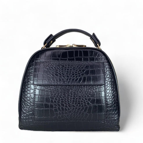 Black leather women's handbag with crocodile pattern