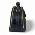 LeatherLuxe black leather women’s handbag – elegant crocodile-textured satchel bag with premium glossy finish and gold hardware.
