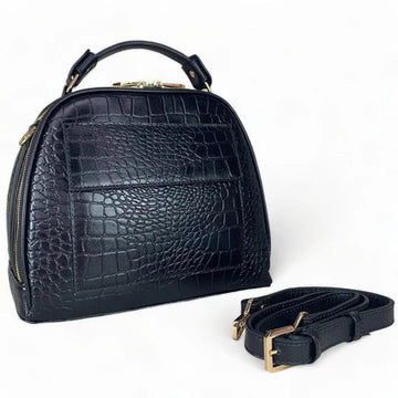 Black leather women's handbag with crocodile pattern