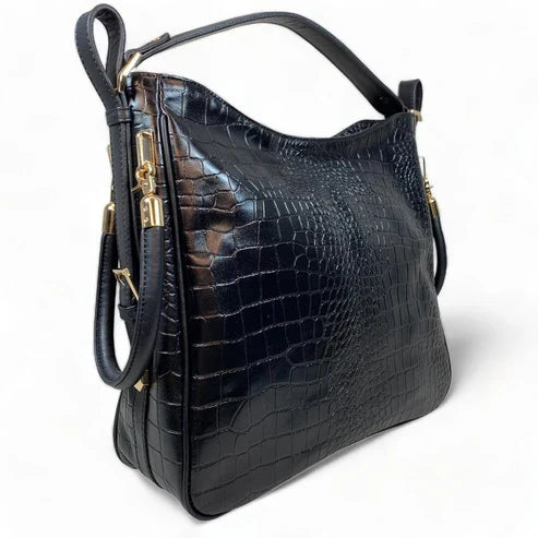 Premium black crocodile leather tote bag for women – elegant professional handbag for work and travel, featuring spacious design and luxury finish