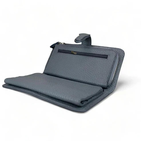 Genuine gray leather clutch with matching card holder, stylish and elegant women’s accessory for everyday and formal occasions.