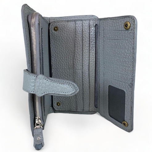 Genuine gray leather clutch with matching card holder, stylish and elegant women’s accessory for everyday and formal occasions.