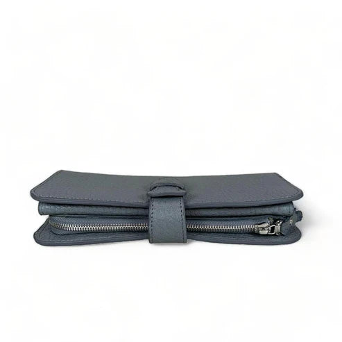 Genuine gray leather clutch with matching card holder, stylish and elegant women’s accessory for everyday and formal occasions.