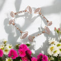 Lavvish Rose Quartz Facial Roller with box displayed on iridescent stand surrounded by small potted succulents