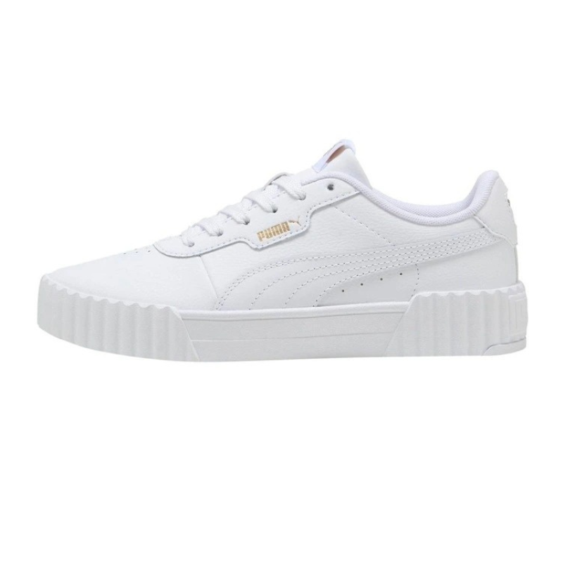 White sneaker with brand logo on a white background