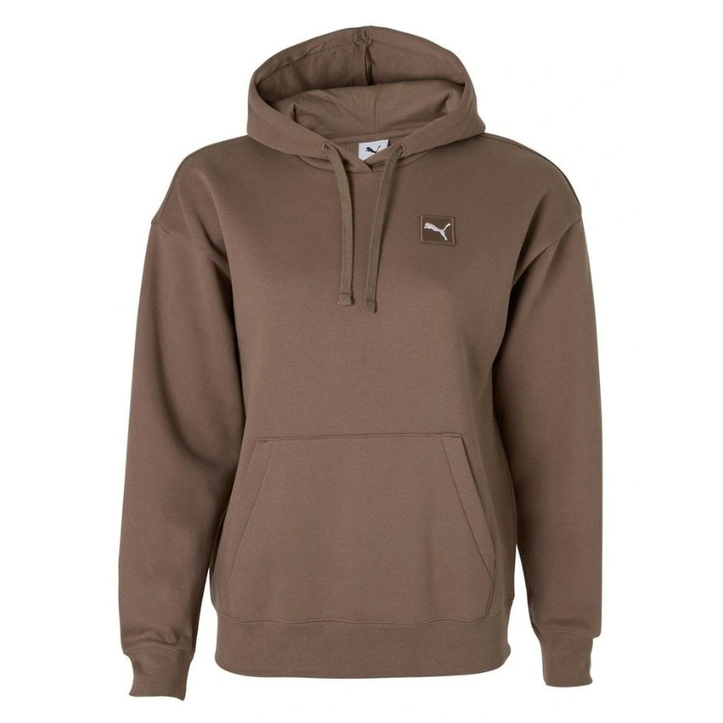 Brown hoodie with a small logo on a white background