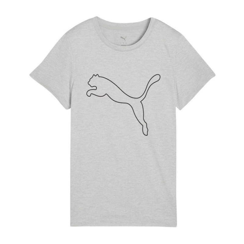 Gray t-shirt with a black outline of a cat logo on a white background