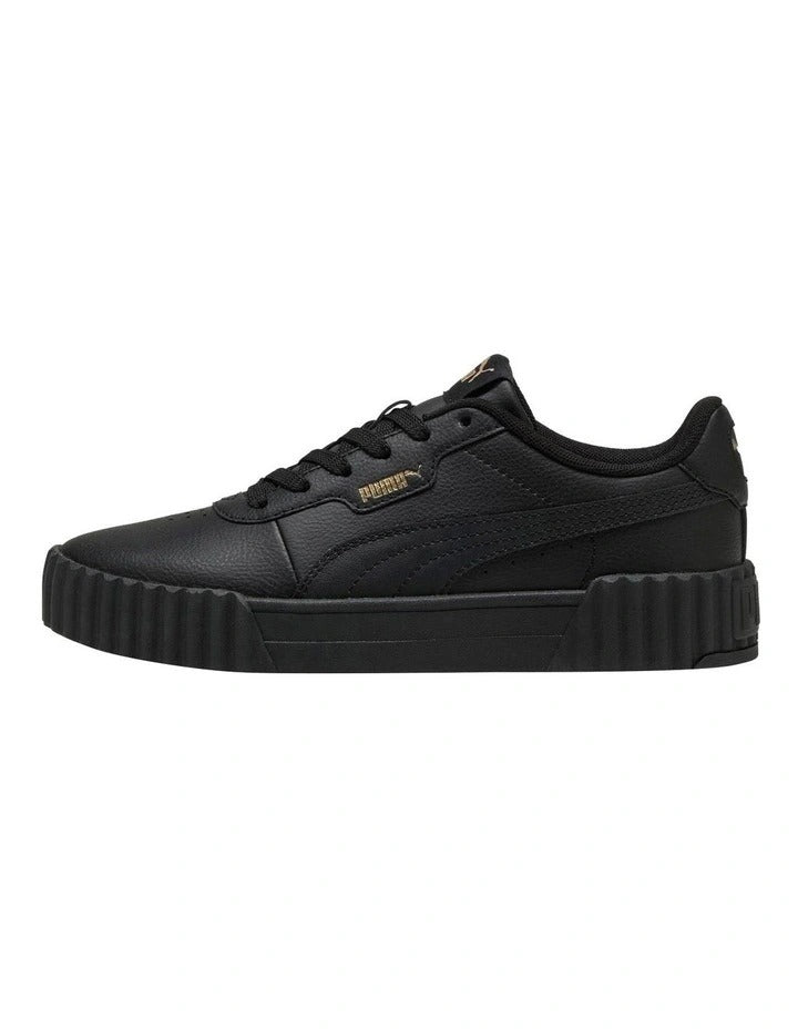 Black sneaker with brand logo on a white background