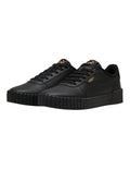 Black sneakers with a brand logo on a white background