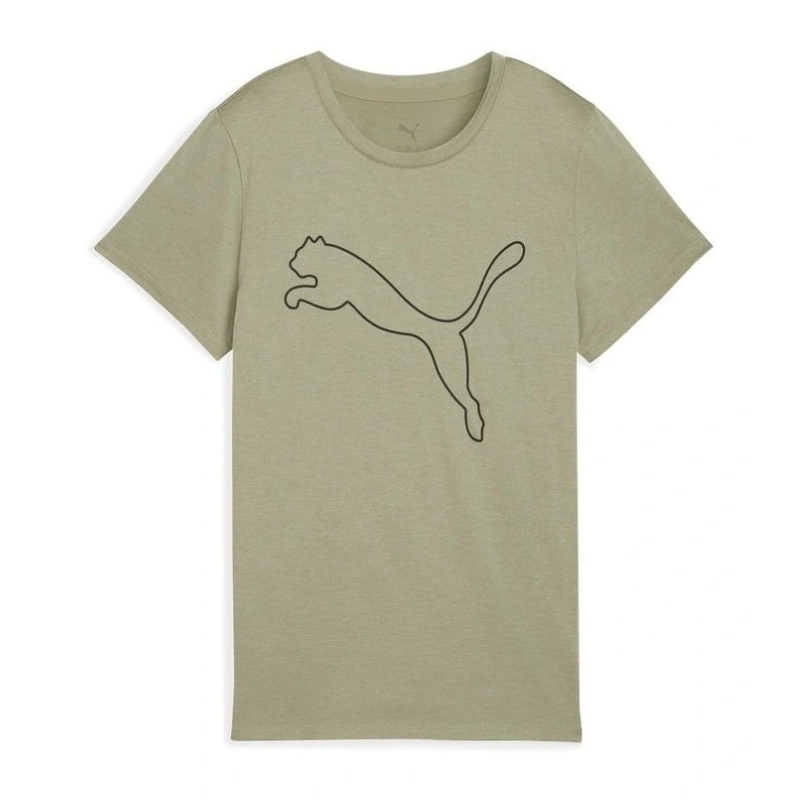 Beige t-shirt with a black outline of a cat logo on a white background