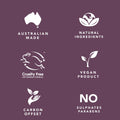 Set of icons and text on a purple background indicating 'Australian Made', 'Natural Ingredients', 'Cruelty Free International', 'Vegan Product', 'Carbon Offset', and 'No Sulphates Parabens'.