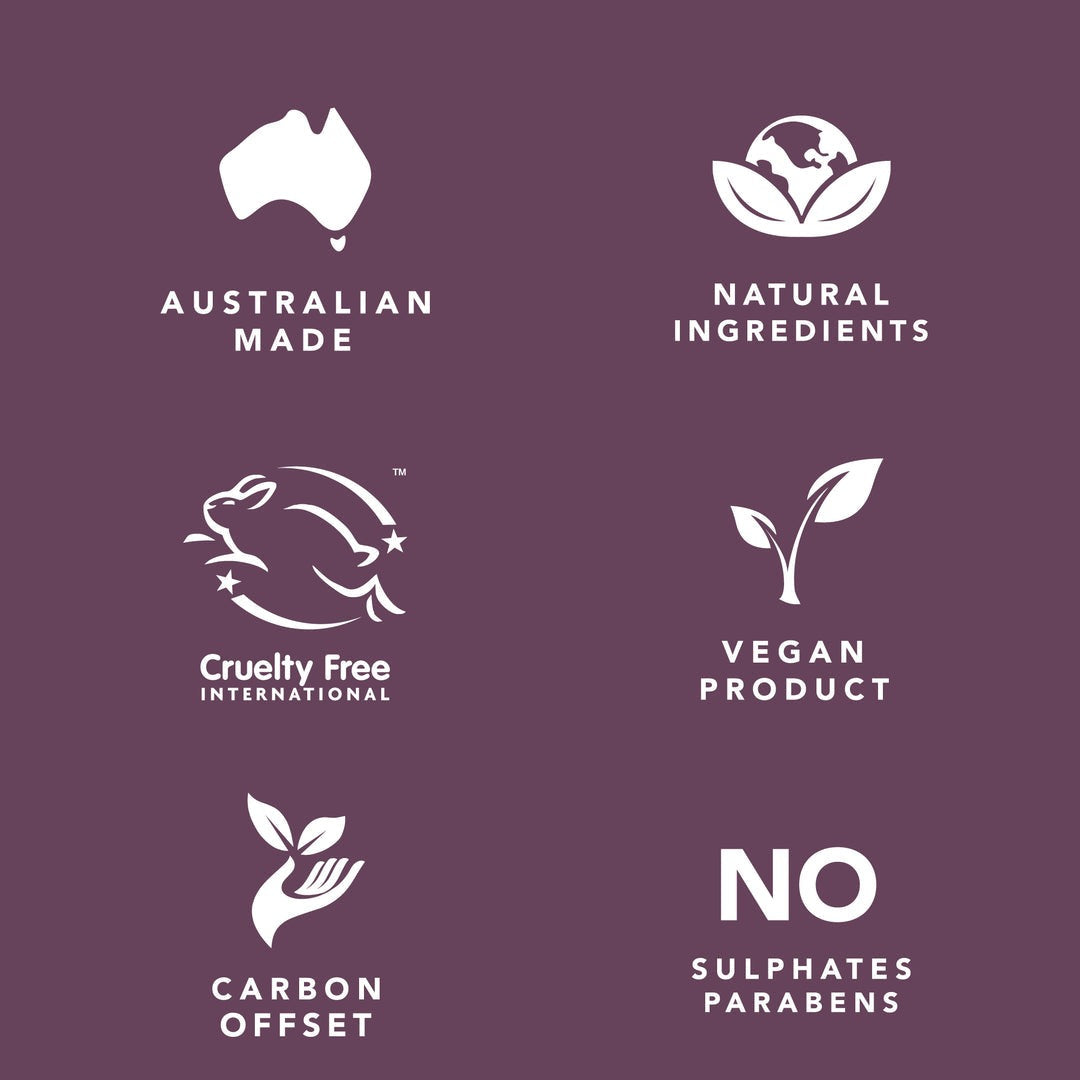 Set of icons and text on a purple background indicating 'Australian Made', 'Natural Ingredients', 'Cruelty Free International', 'Vegan Product', 'Carbon Offset', and 'No Sulphates Parabens'.