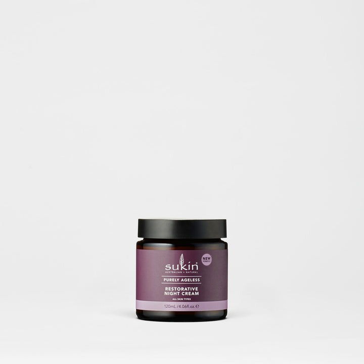 Jar of Sukin restorative night cream on a white background