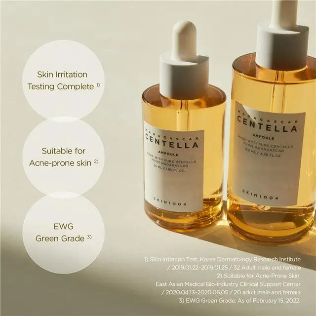 Two bottles of Centella Skin1004 serum on a light background with text about product features.