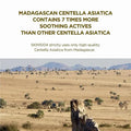 Scenic landscape with mountains and trees, featuring text about Madagascan Centella Asiatica.