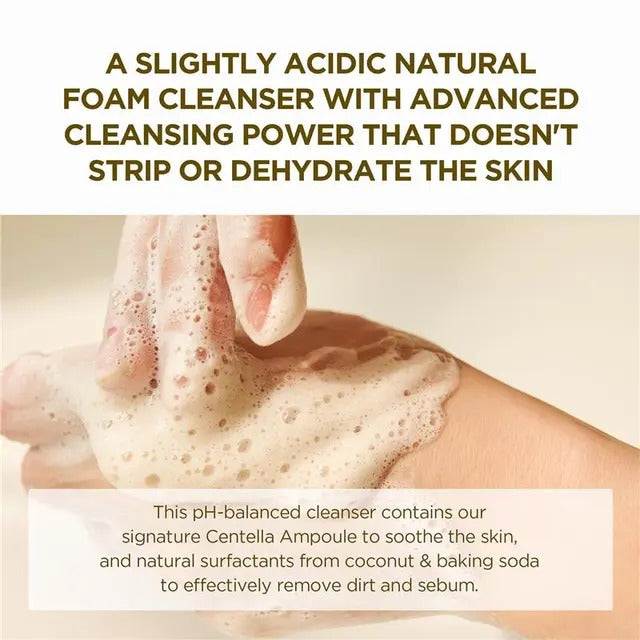 Hand applying foamy cleanser to skin with text about its benefits