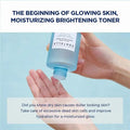 Hand holding a bottle of Centella toner with text about skin care benefits on a light blue background