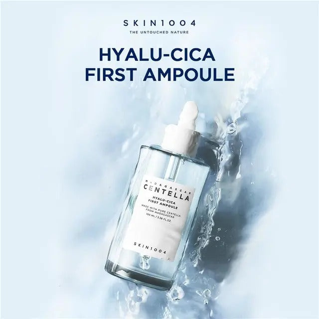 SKIN1004 Hyalu-Cica First Ampoule bottle with dropper on a light blue background