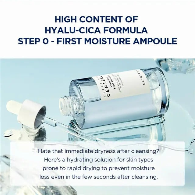 Skincare ampoule with dropper on a light blue background, featuring Centella Asiatica.