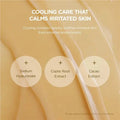 Product advertisement for cooling care with sodium hyaluronate, coptis root extract, and cacao extract on a beige background.