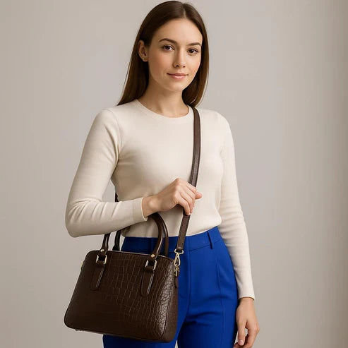 Croc-Embossed Leather Office Bag – Dark Brown by LeatherLuxe