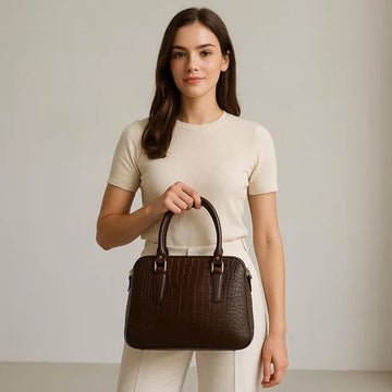 Croc-Embossed Leather Office Bag – Dark Brown by LeatherLuxe