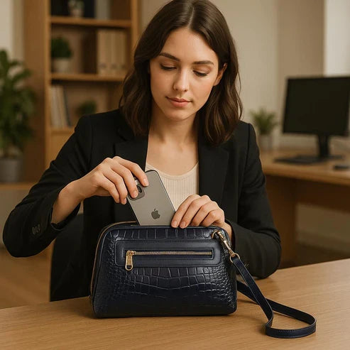 Navy Blue Leather Clutch Bag Front View