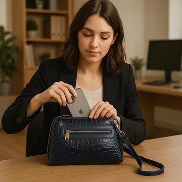 Navy Blue Leather Clutch Bag Front View