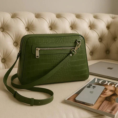 Green Crocodile-Style Leather Clutch Crossbody Bag