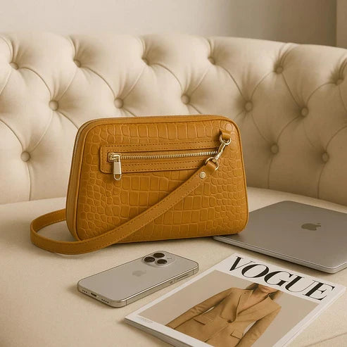 Leather Clutch Bag Shoulder Bag Light Brown Crocodile Style