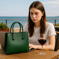 LeatherLuxe Green Women’s Leather Handbag — Stylish shoulder and crossbody bag made from premium genuine leather with gold-tone hardware.