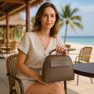 Khaki Leather Handbag with Shoulder Strap for Women