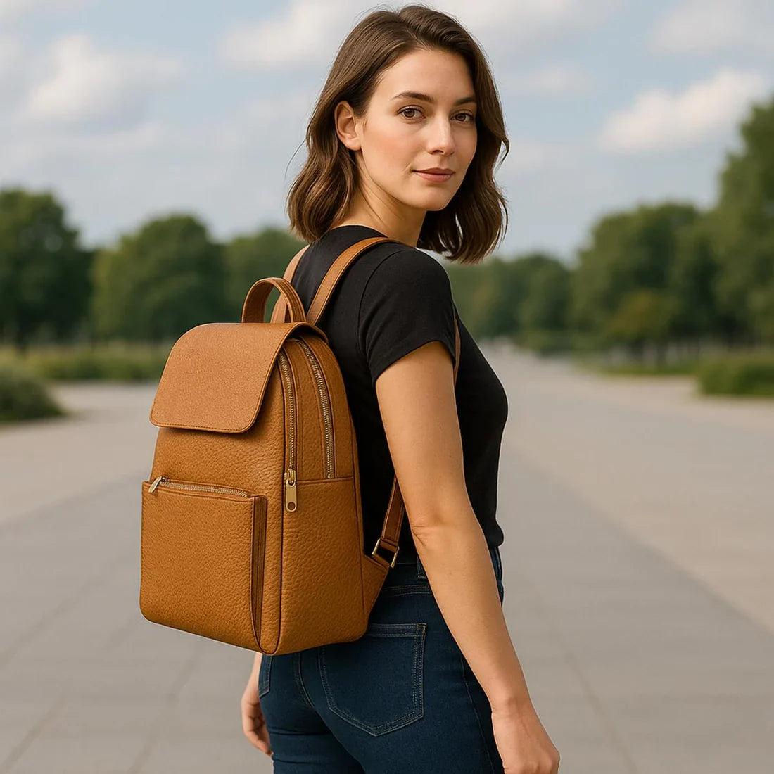 Light brown genuine leather women’s backpack with premium finish – LeatherLuxe fashion bag for everyday use.