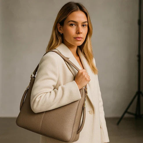 LeatherLuxe Khaki Leather Tote Bag – Elegant premium women’s handbag made of genuine leather with spacious design and stylish finish.