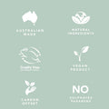 Set of icons and text on a light green background indicating product attributes.