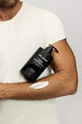 The Body Pack – Men’s Body Care Set including body wash, body lotion, and grooming essentials, arranged neatly on a bathroom counter for men’s skincare
