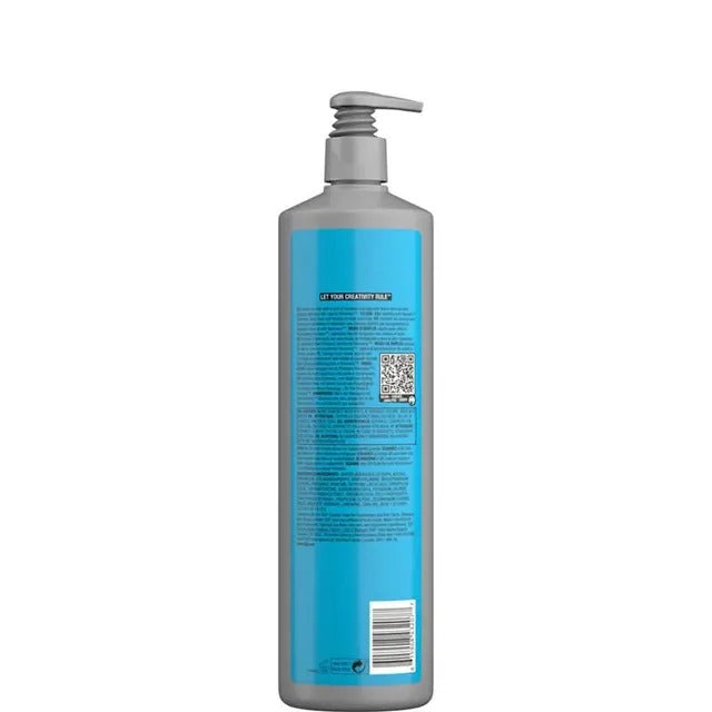 Bottle with blue label and pump dispenser on a white background