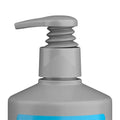 Gray pump bottle with a blue label on a white background
