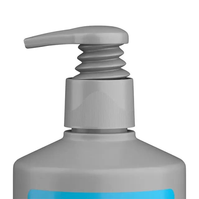 Gray pump bottle with a blue label on a white background