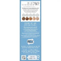 Product packaging with text and color swatches on a blue background
